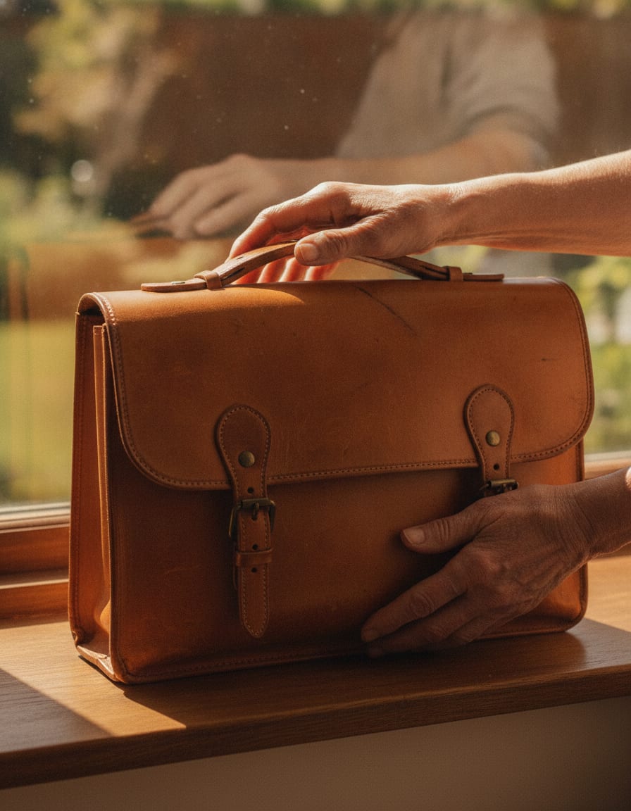 An older woman's hands holding a worn tan leather satchel on a sunlit windowsill
