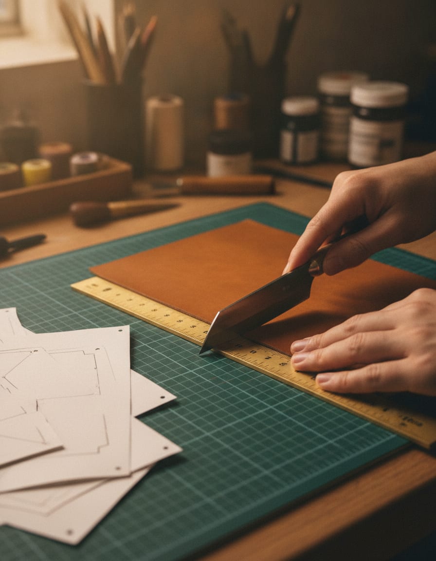 Cut: Panels are cut one at a time so the grain runs the same way across the bag. It is slower, and you can see it.