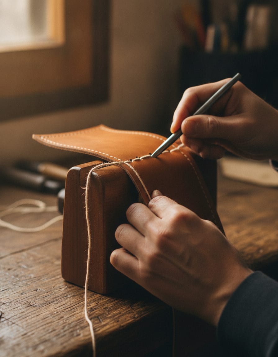 Stitch: Seams are sewn by hand with waxed thread and a saddle stitch: if one stitch fails, the next one holds.